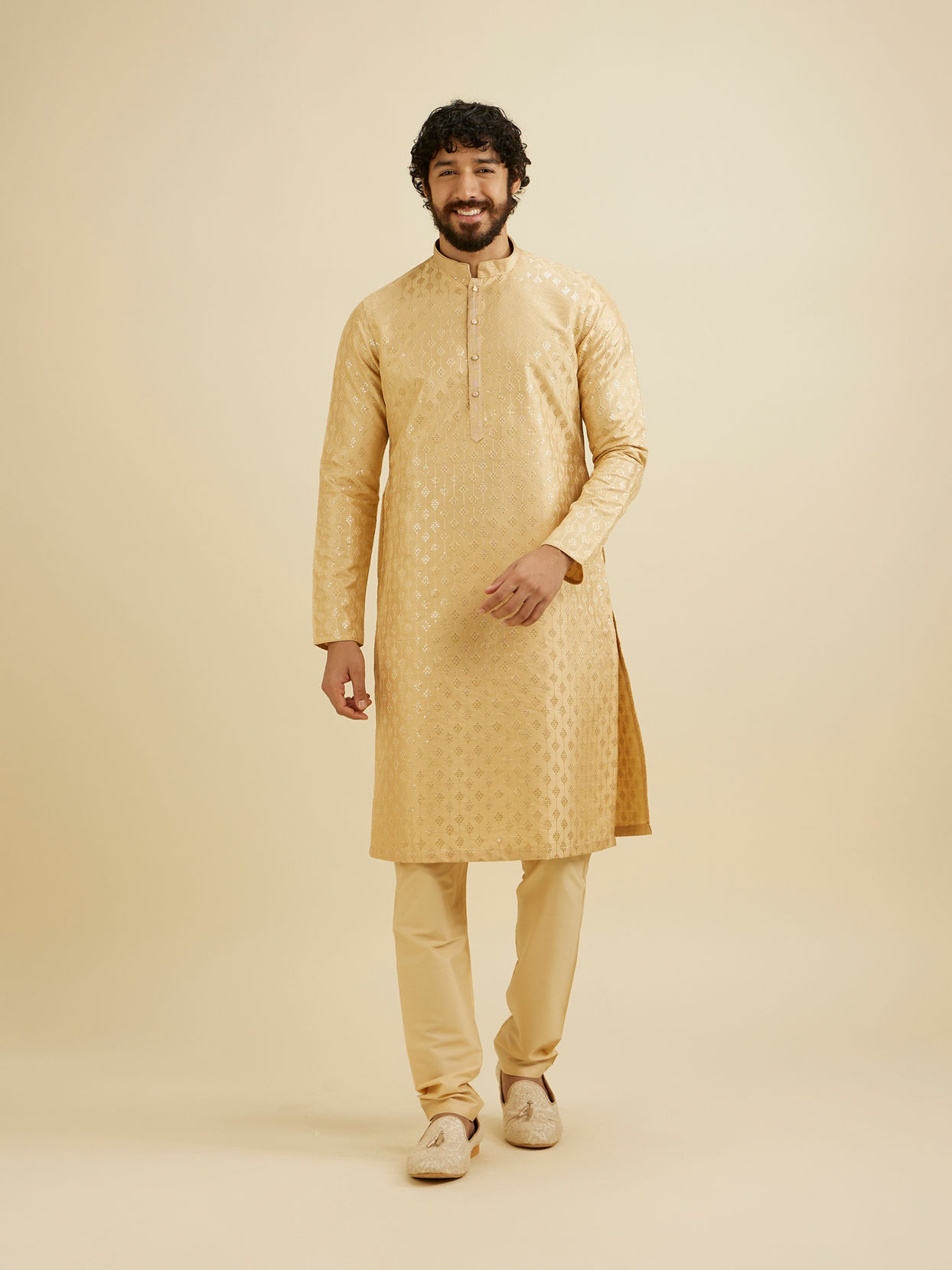 Manyavar Men Light Fawn Kurta Set with Patra Work