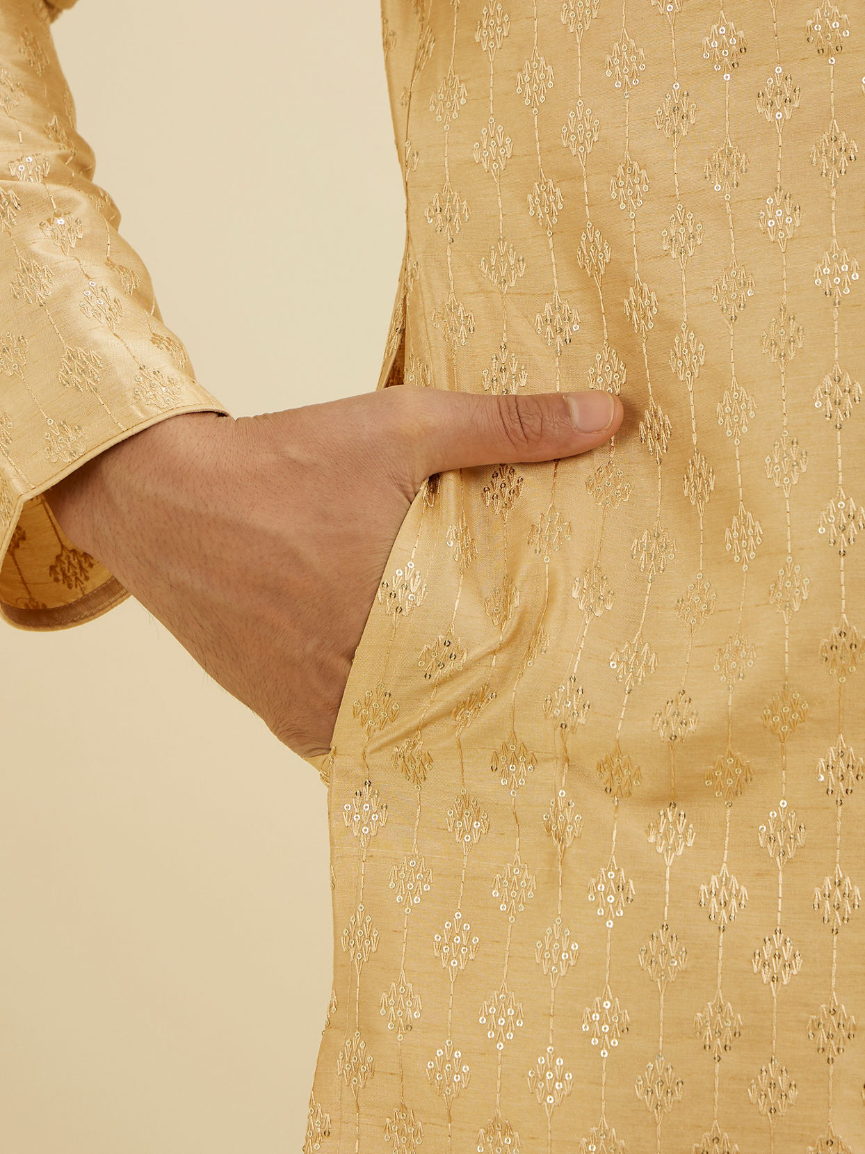 Manyavar Men Light Fawn Kurta Set with Patra Work