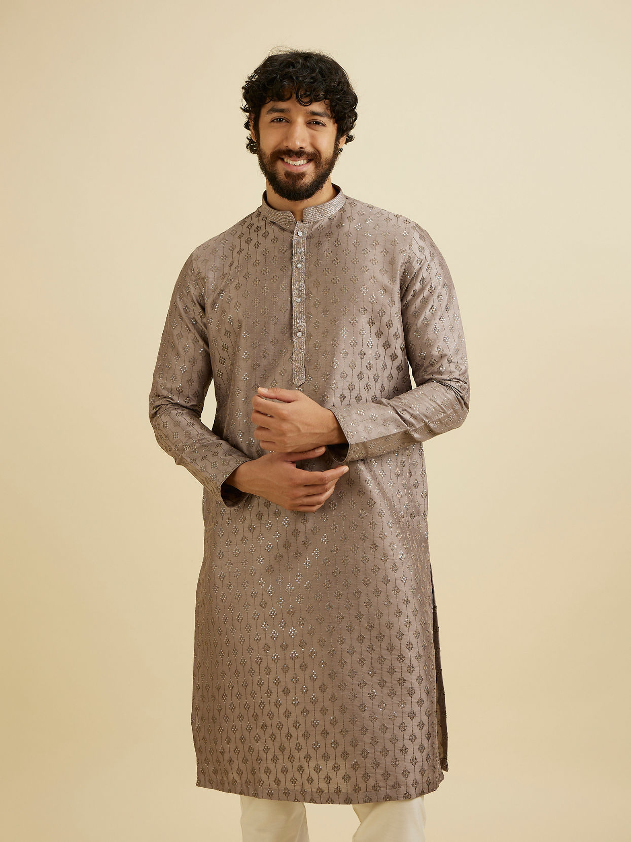 Manyavar Men Battleship Grey Kurta Set with Patra Work