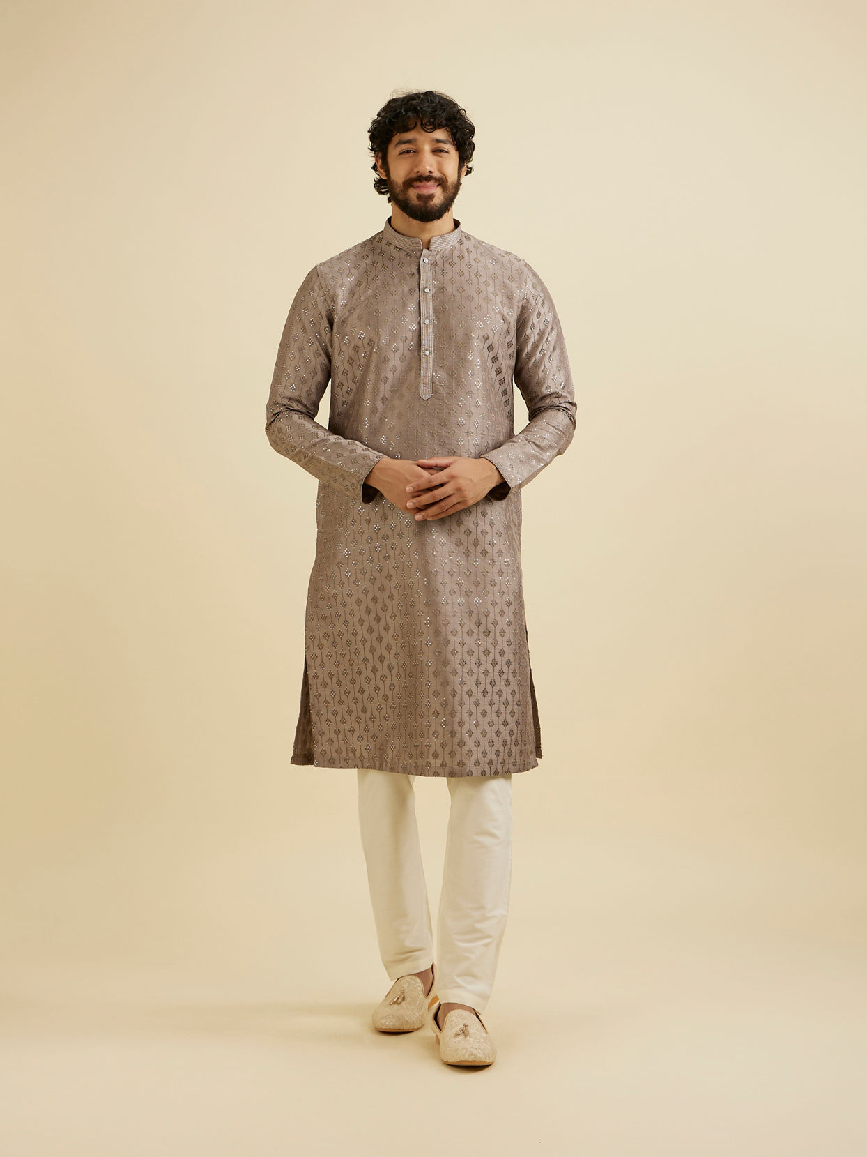 Manyavar Men Battleship Grey Kurta Set with Patra Work image number 2