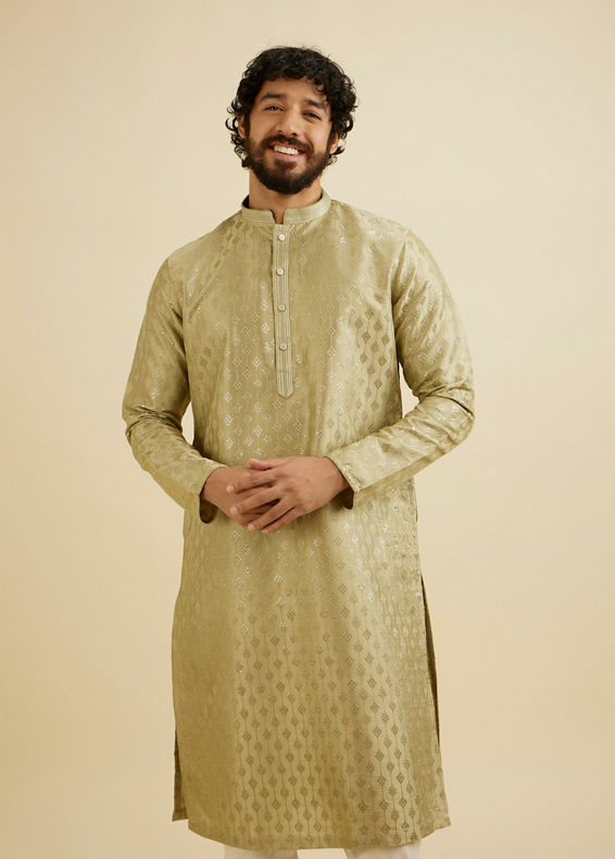 Manyavar Men Soft Green Kurta Set with Patra Work