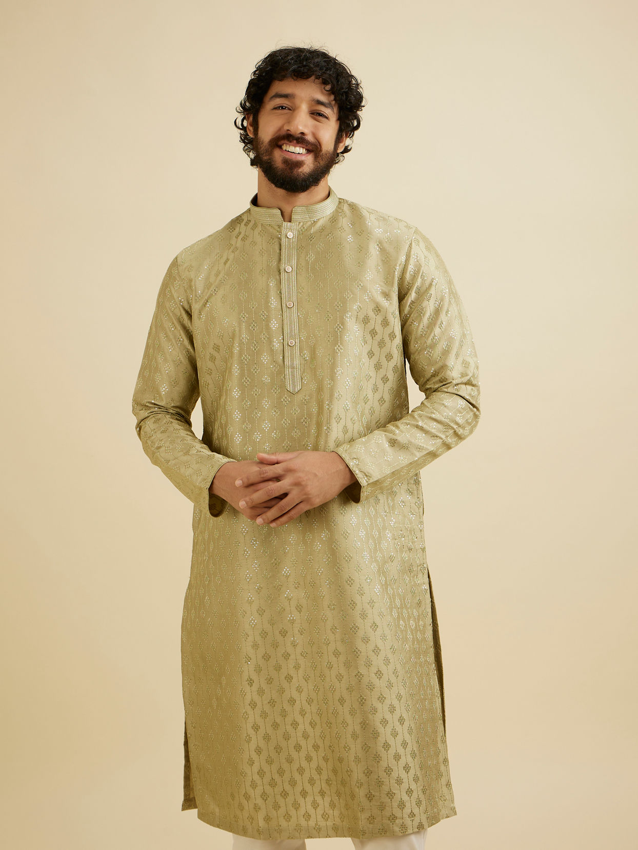 Manyavar Men Soft Green Kurta Set with Patra Work image number 0