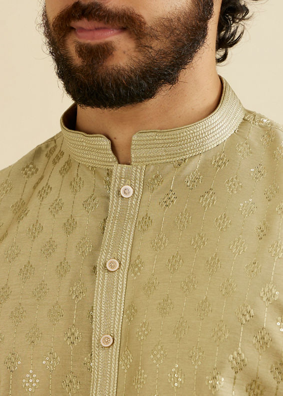 Manyavar Men Soft Green Kurta Set with Patra Work