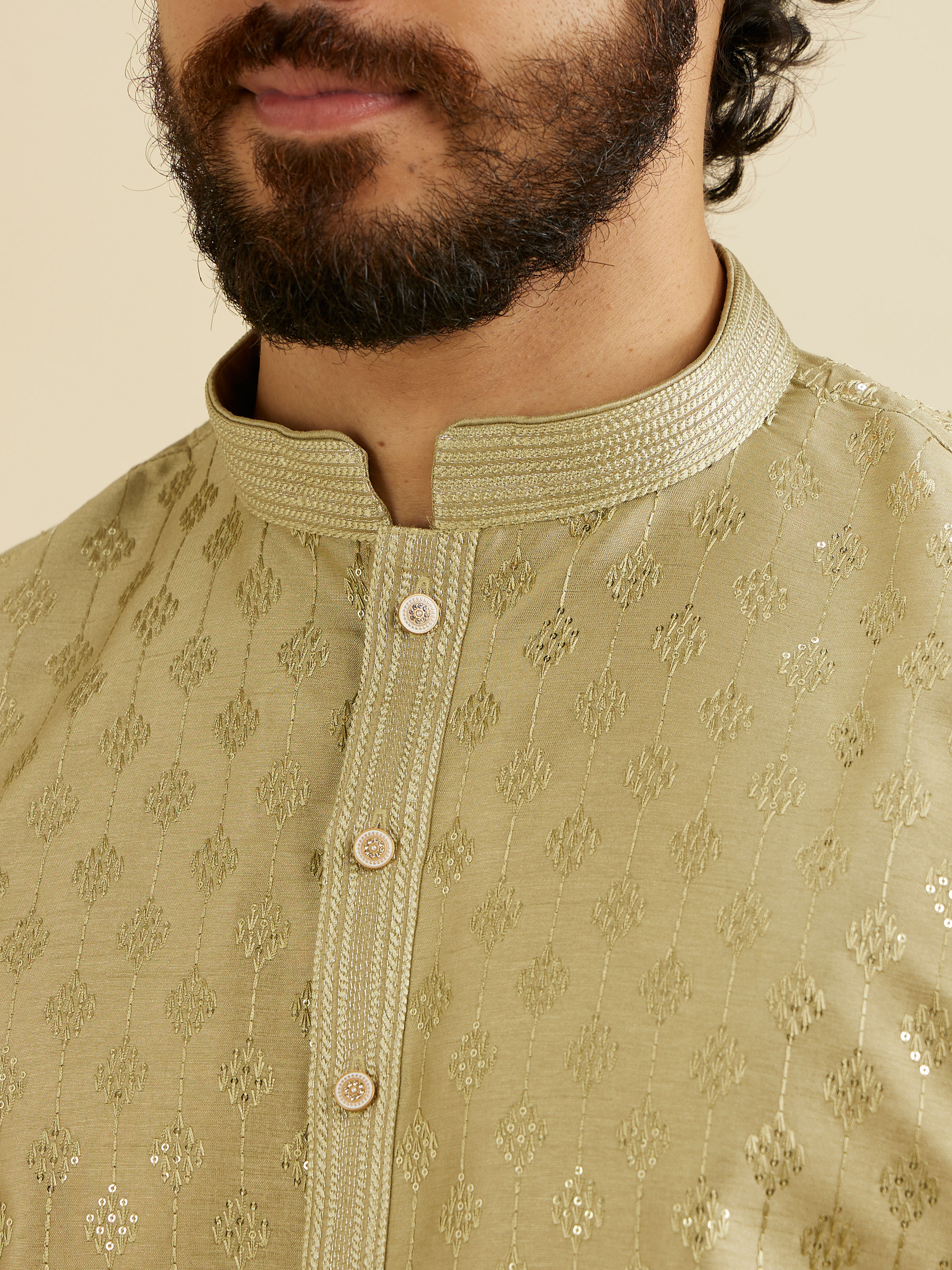 Manyavar Men Soft Green Kurta Set with Patra Work