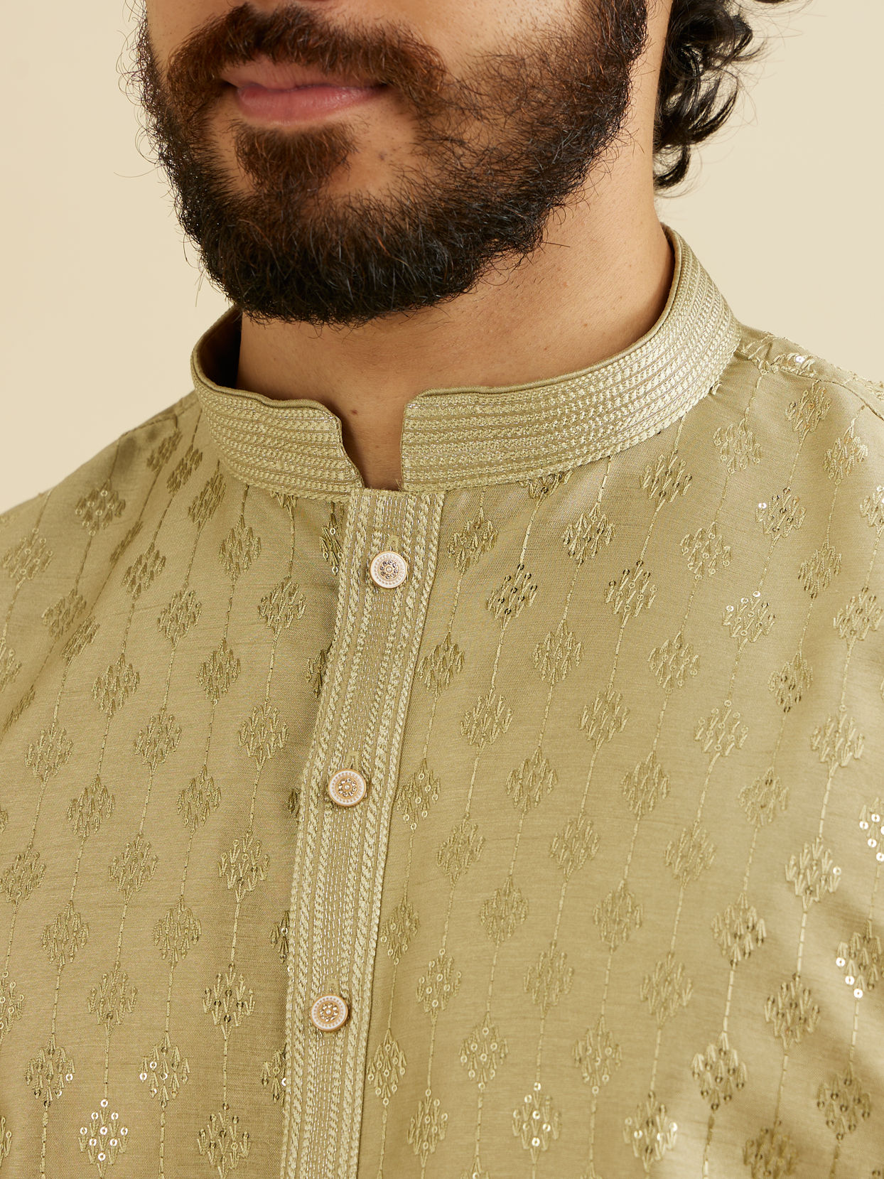 Manyavar Men Soft Green Kurta Set with Patra Work image number 1