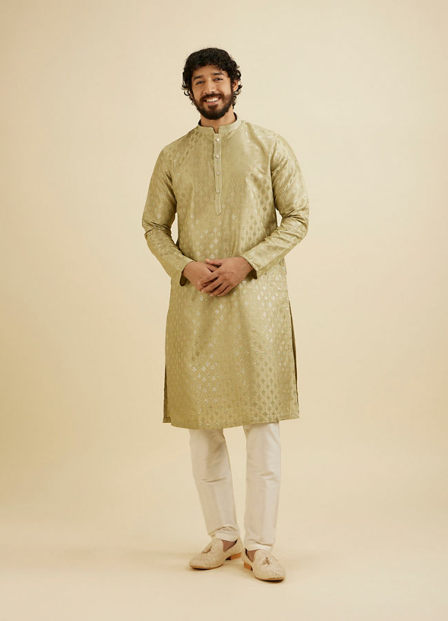 Manyavar Men Soft Green Kurta Set with Patra Work