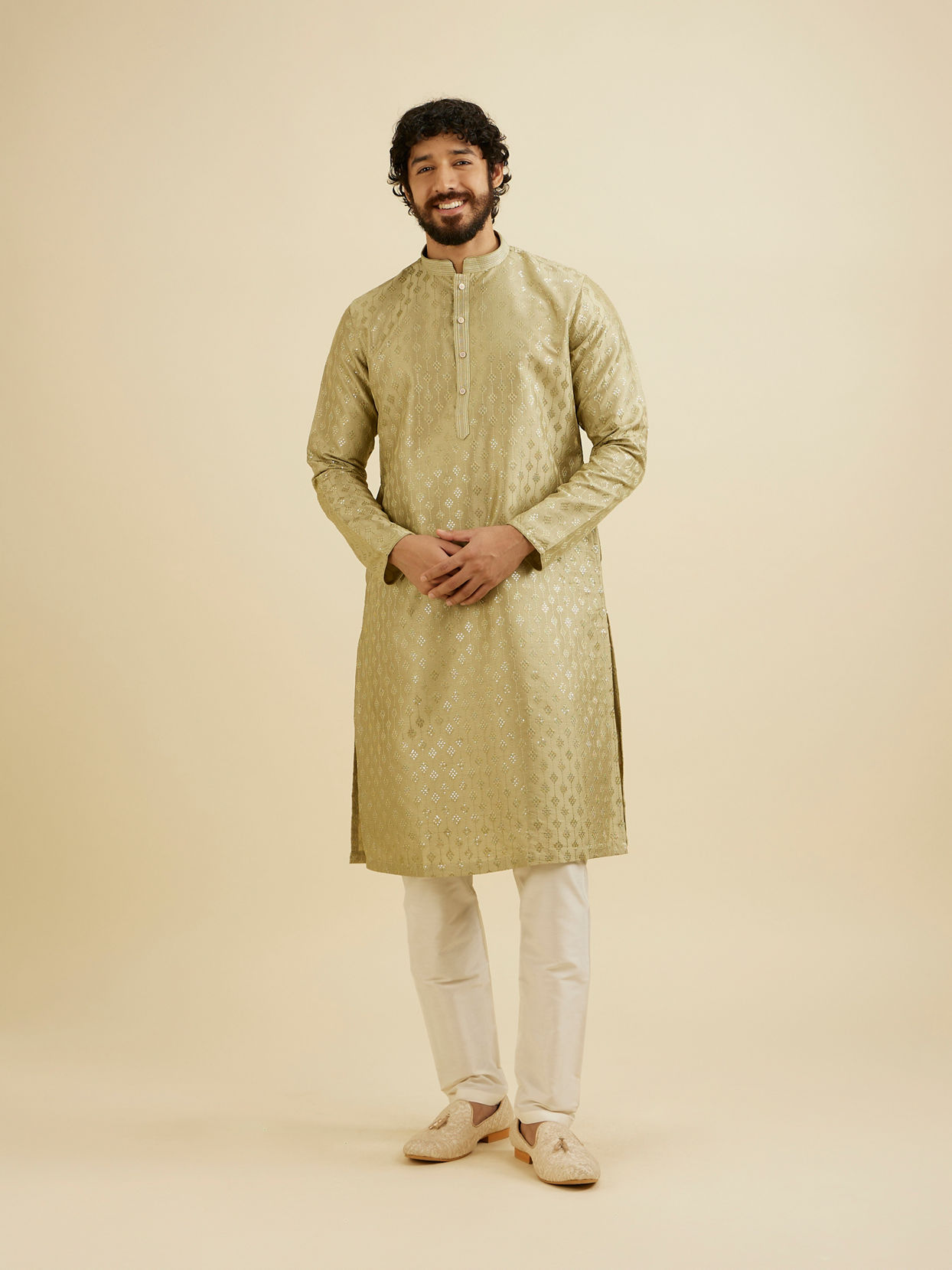 Manyavar Men Soft Green Kurta Set with Patra Work