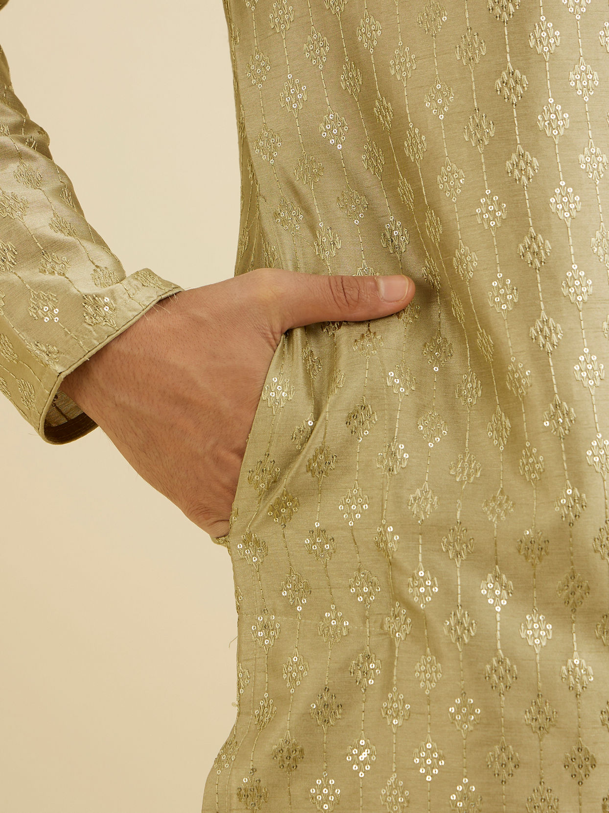 Manyavar Men Soft Green Kurta Set with Patra Work