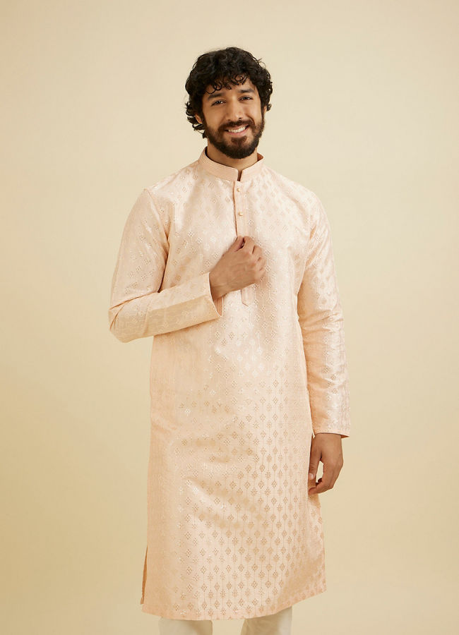 Manyavar Men Pale Peach Kurta Set with Patra Work image number 0