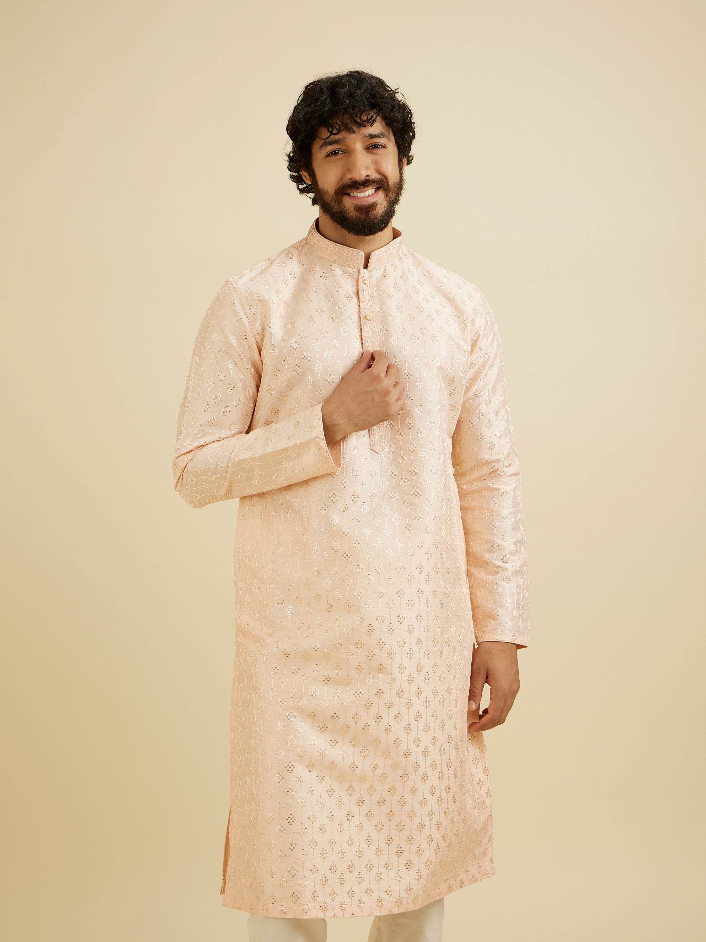 Manyavar Men Pale Peach Kurta Set with Patra Work