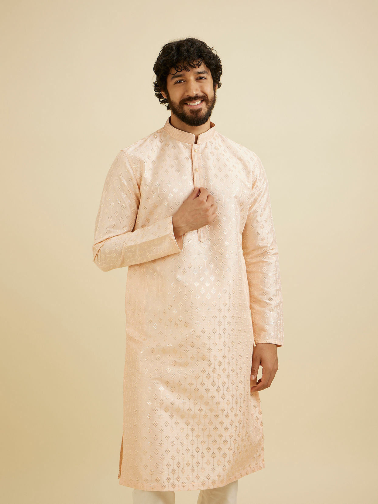 Manyavar Men Pale Peach Kurta Set with Patra Work image number 0