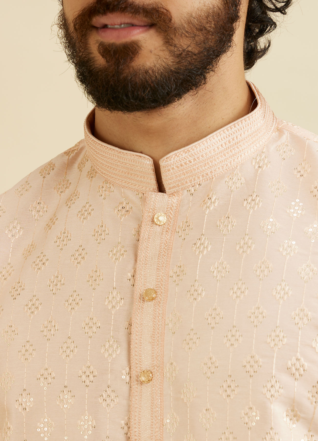 Manyavar Men Pale Peach Kurta Set with Patra Work