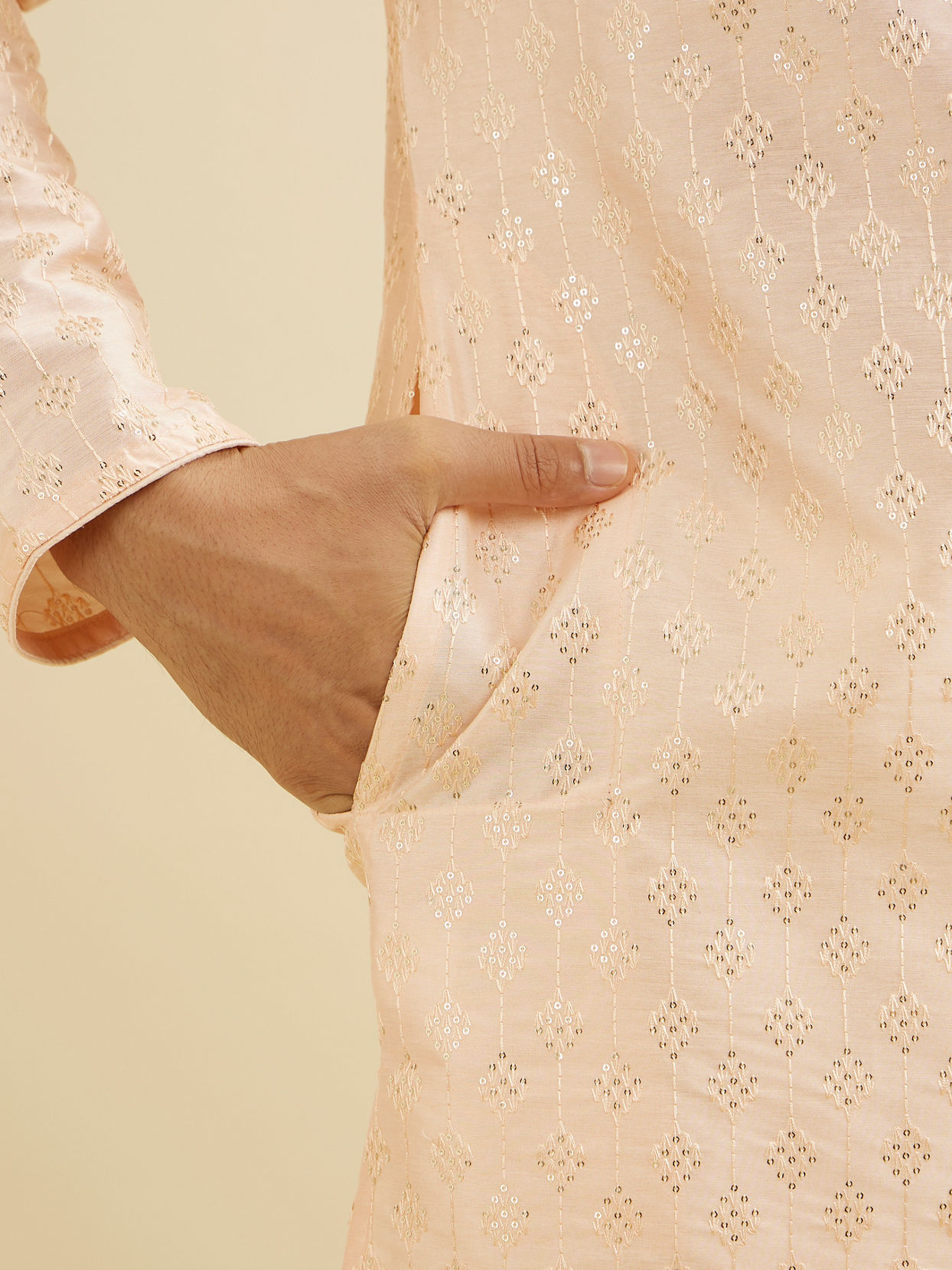 Manyavar Men Pale Peach Kurta Set with Patra Work