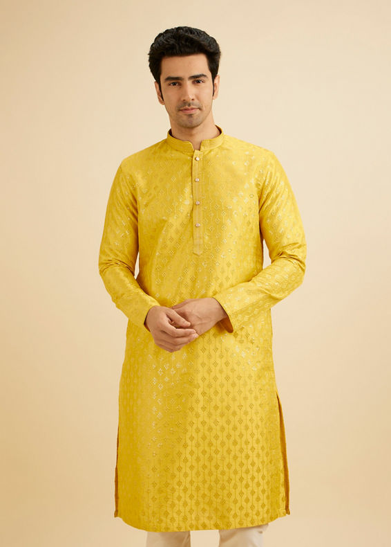 Manyavar Men Sunshine Yellow Kurta Set with Patra Work