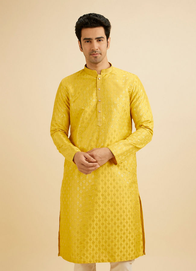 Manyavar Men Sunshine Yellow Kurta Set with Patra Work