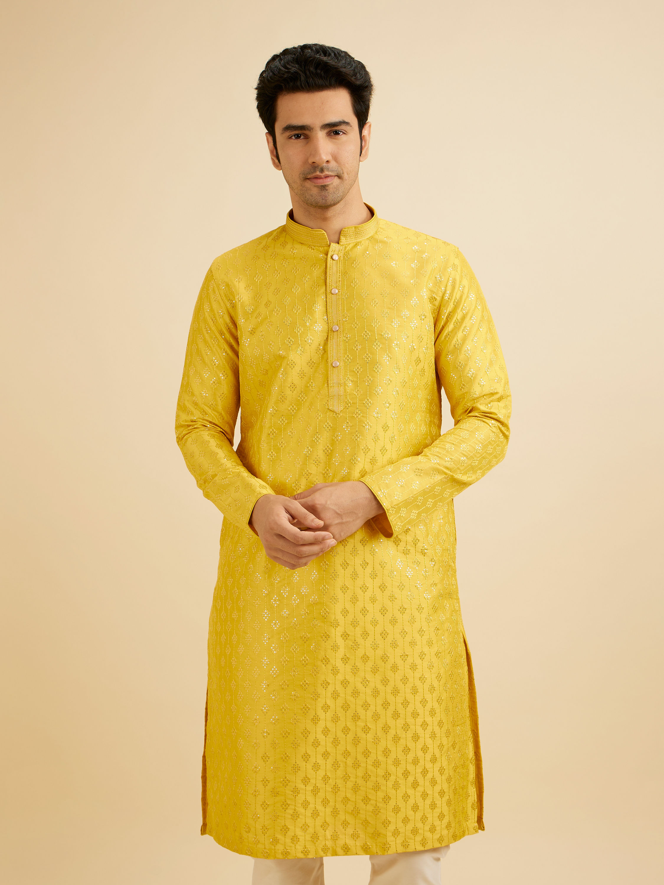 Manyavar Men Sunshine Yellow Kurta Set with Patra Work