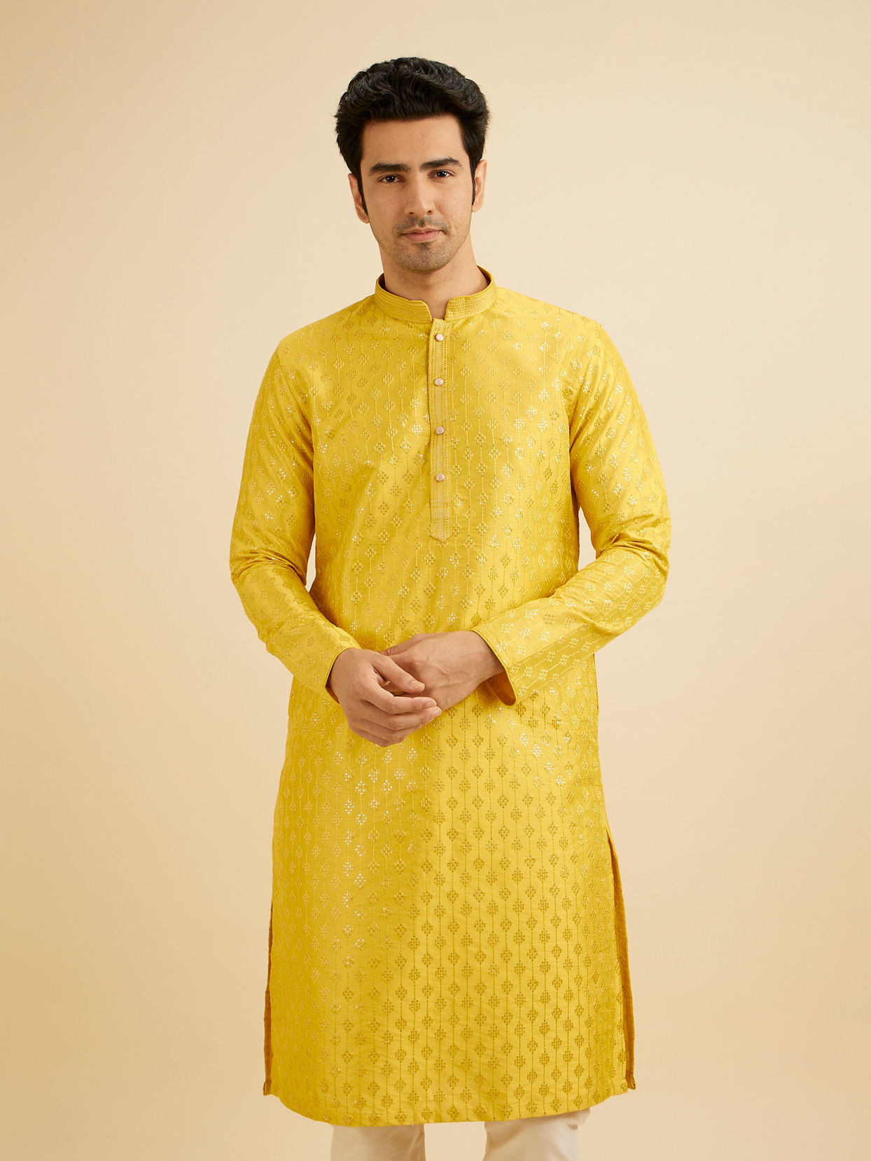 Manyavar Men Sunshine Yellow Kurta Set with Patra Work image number 0