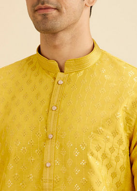 Manyavar Men Sunshine Yellow Kurta Set with Patra Work