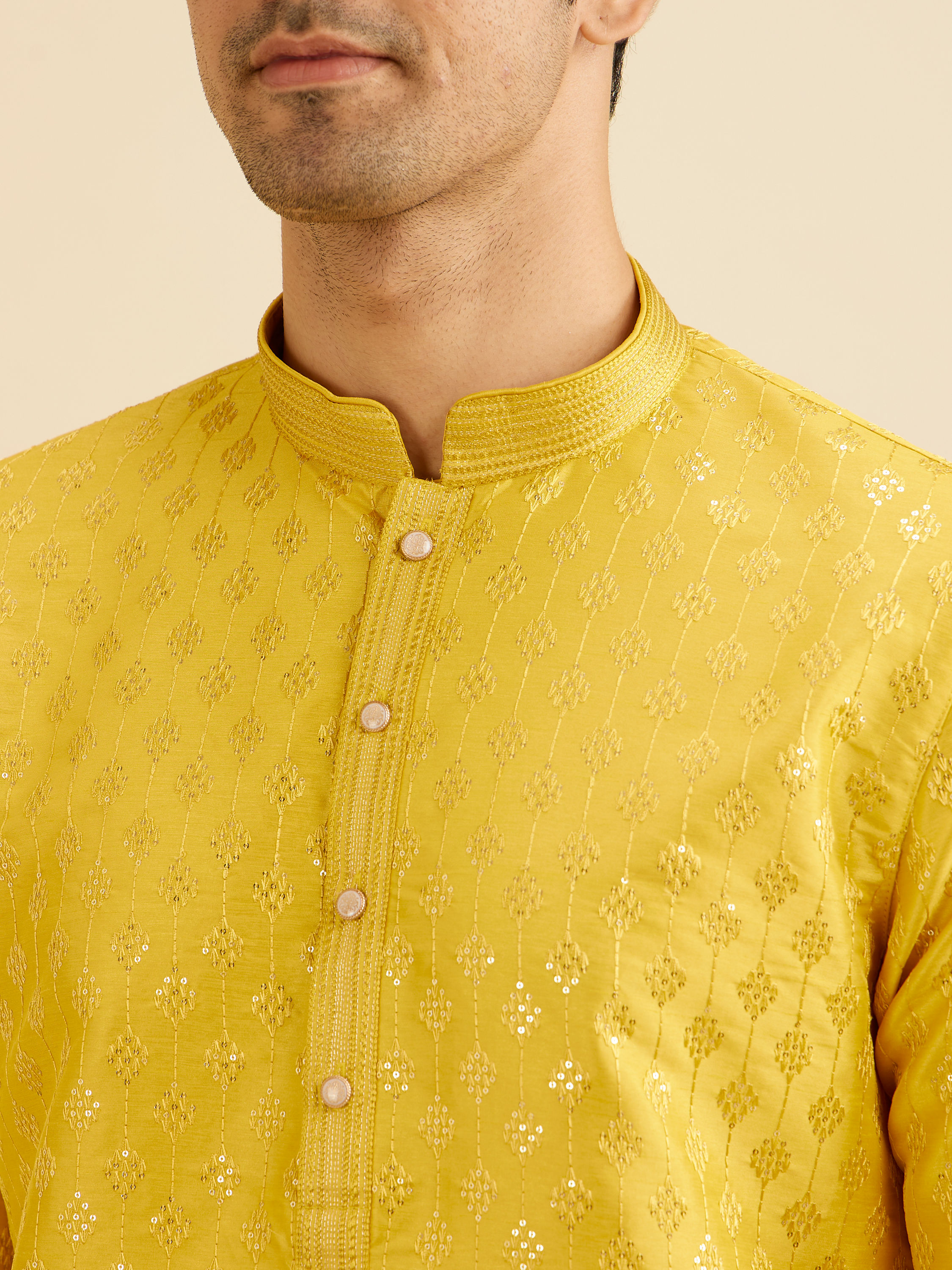 Manyavar Men Sunshine Yellow Kurta Set with Patra Work