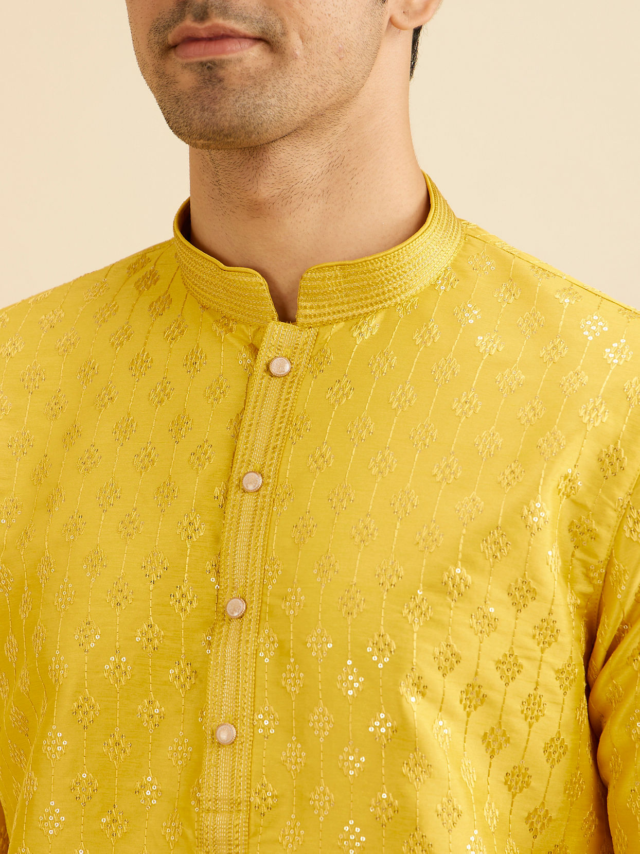 Manyavar Men Sunshine Yellow Kurta Set with Patra Work image number 1