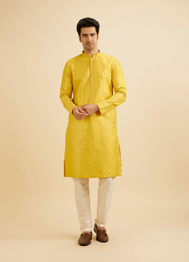 Manyavar Men Sunshine Yellow Kurta Set with Patra Work image number 2