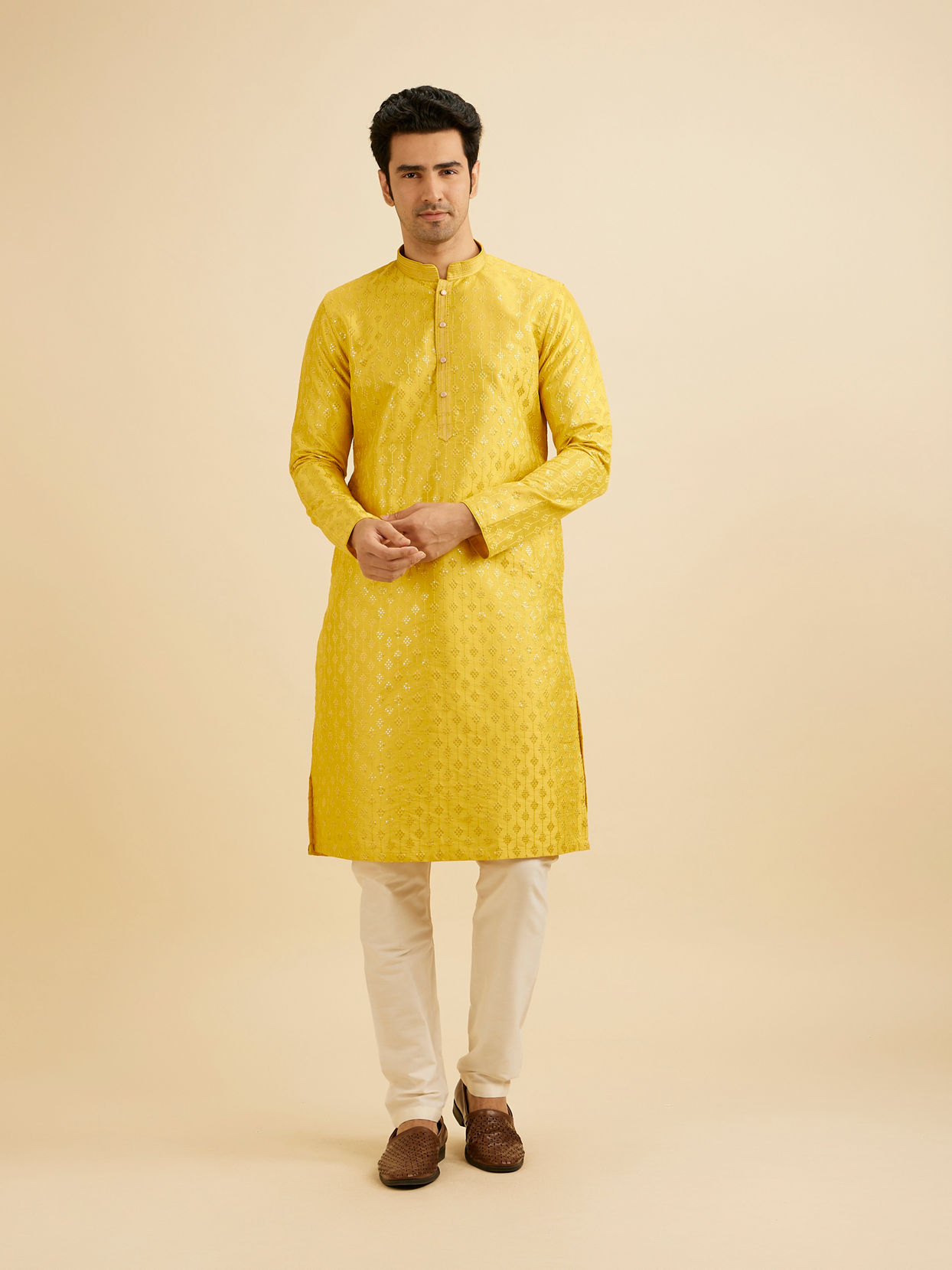 Manyavar Men Sunshine Yellow Kurta Set with Patra Work