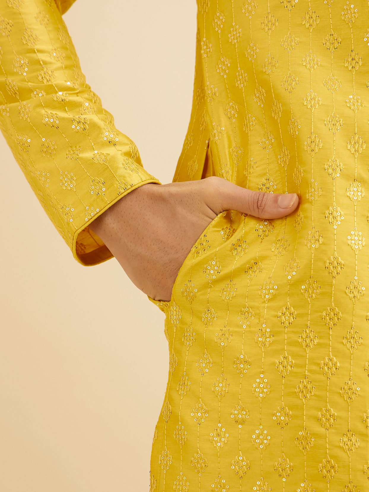 Manyavar Men Sunshine Yellow Kurta Set with Patra Work image number 3