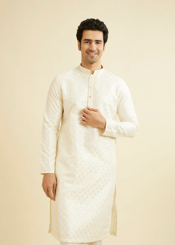 Manyavar Men Warm White Kurta Set with Patra Work