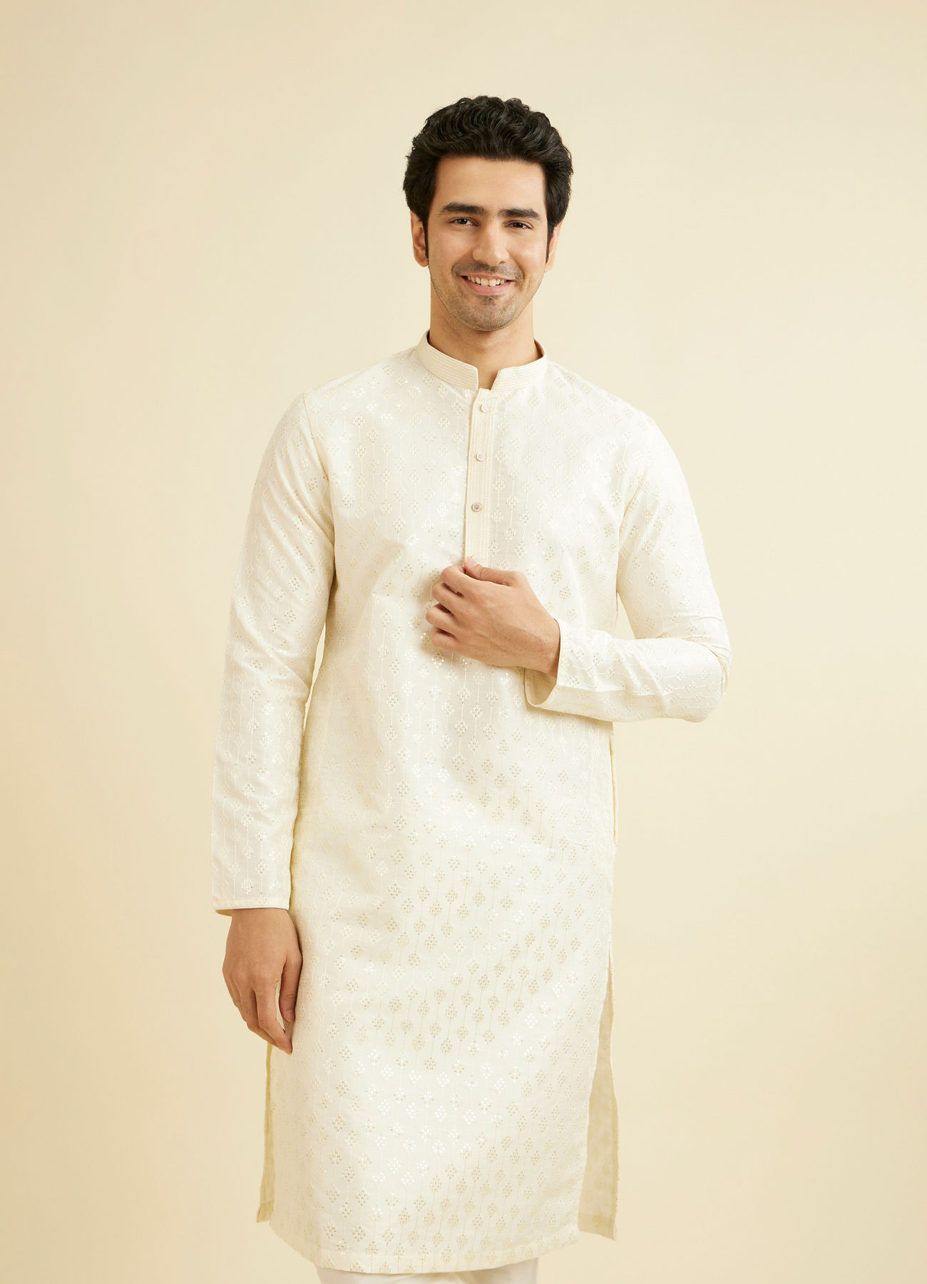 Manyavar Men Warm White Kurta Set with Patra Work