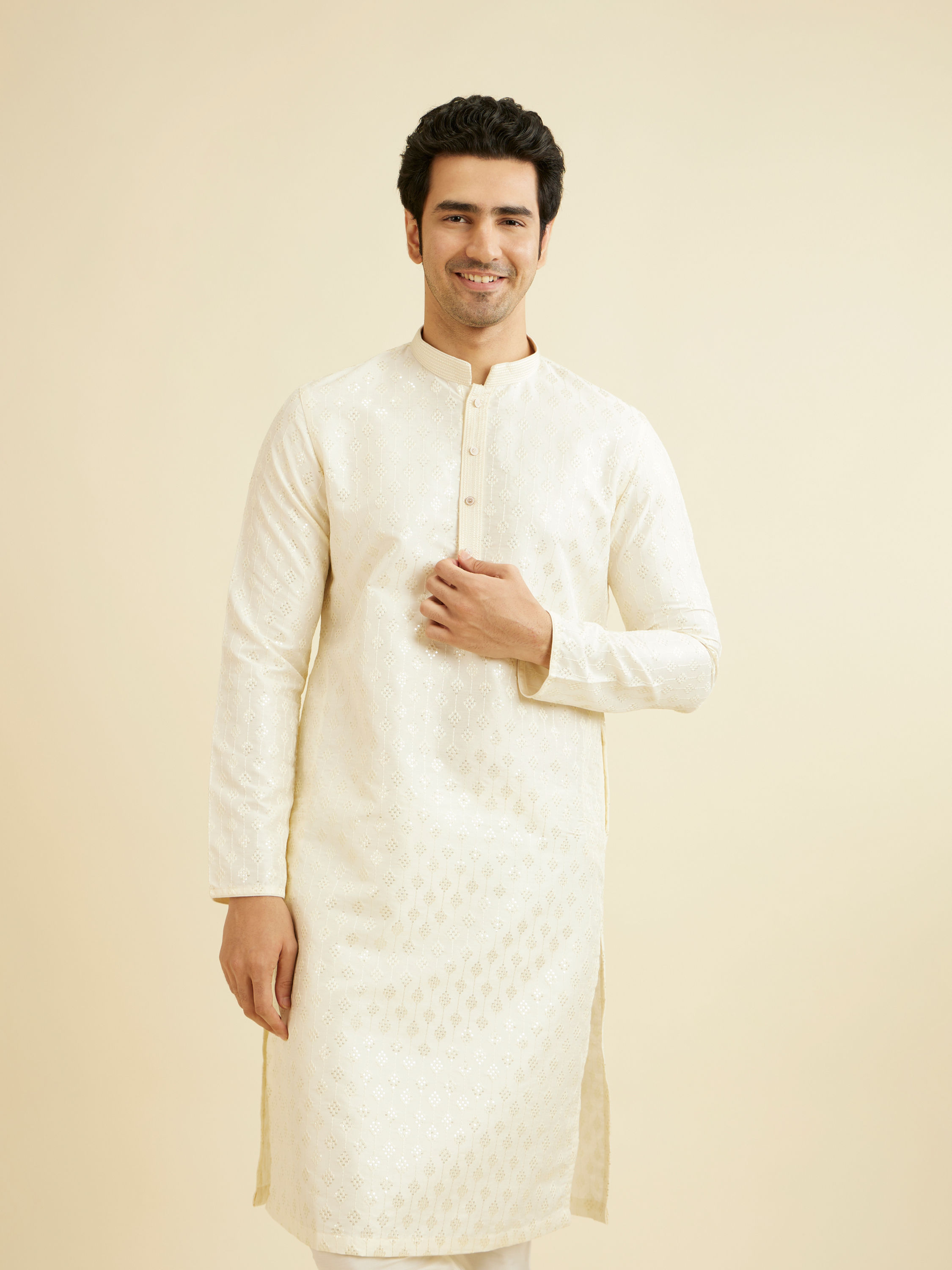 Manyavar Men Warm White Kurta Set with Patra Work