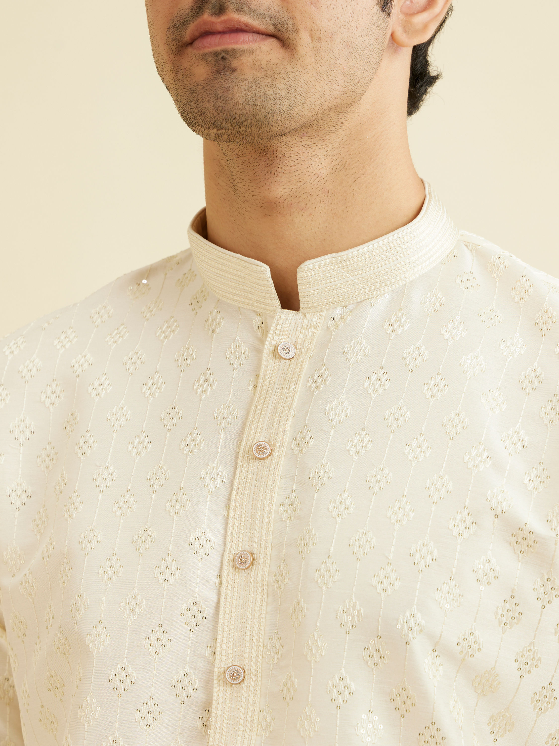 Manyavar Men Warm White Kurta Set with Patra Work