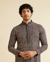 alt message - Manyavar Men Black & Beige Chikankari Grid Print Kurta Set image number 0