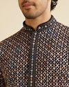 Manyavar Men Black and Beige Chikankari Grid Print Kurta Set