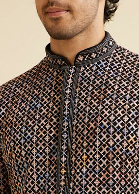 alt message - Manyavar Men Black and Beige Chikankari Grid Print Kurta Set image number 1