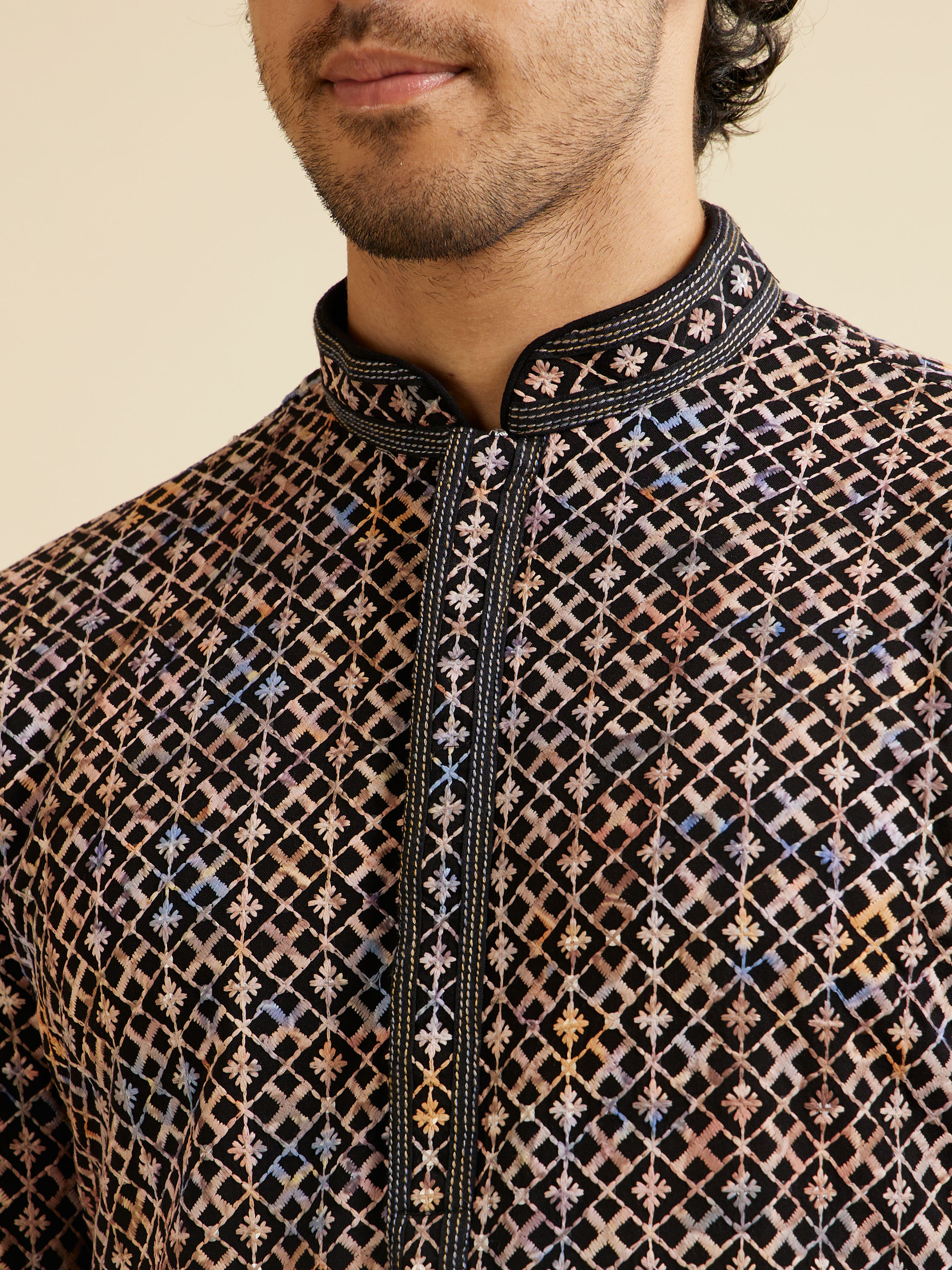 Manyavar Men Black and Beige Chikankari Grid Print Kurta Set