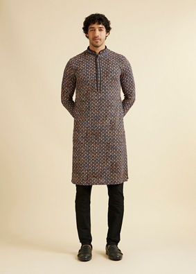 alt message - Manyavar Men Black and Beige Chikankari Grid Print Kurta Set image number 2