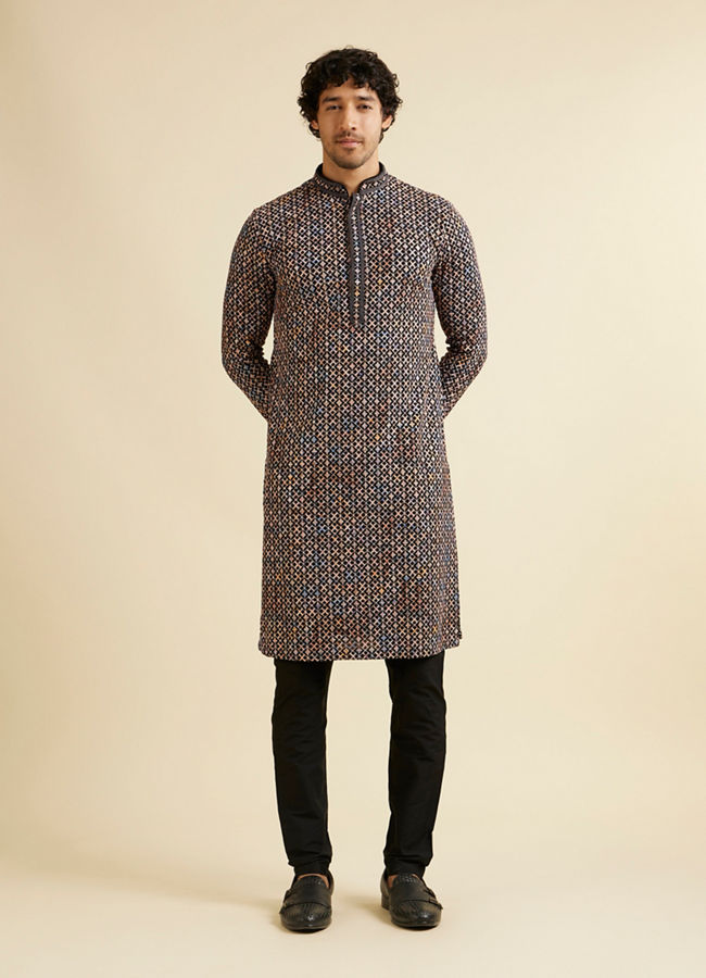 Manyavar Men Black and Beige Chikankari Grid Print Kurta Set
