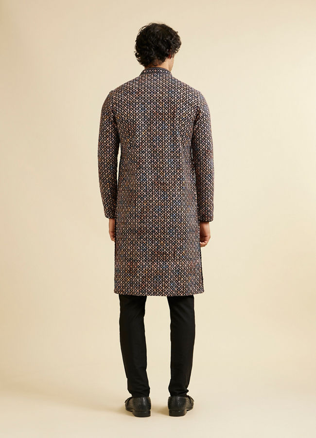 Manyavar Men Black and Beige Chikankari Grid Print Kurta Set