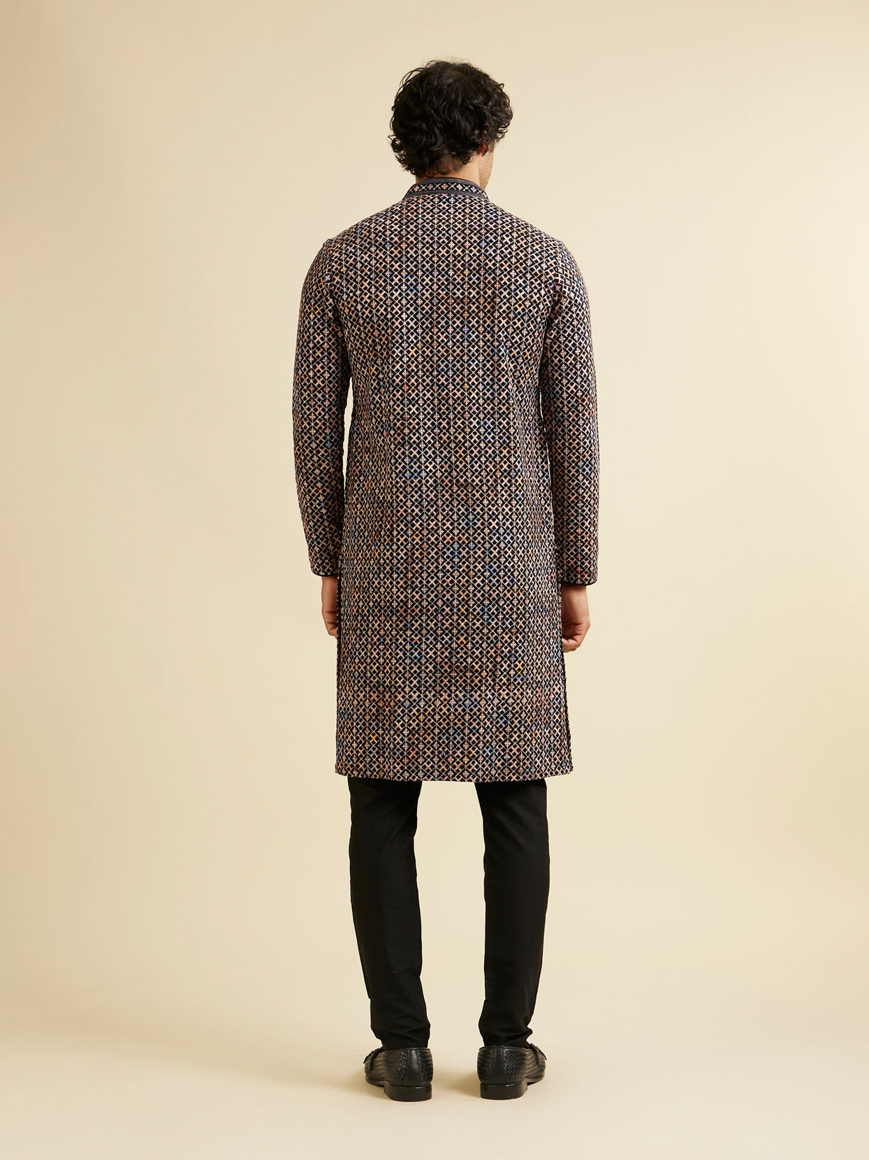 Manyavar Men Black and Beige Chikankari Grid Print Kurta Set