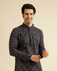 Manyavar Men Black & Brown Chikankari Grid Print Kurta Set