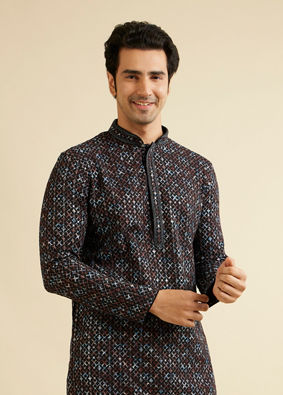 alt message - Manyavar Men Black & Brown Chikankari Grid Print Kurta Set image number 0