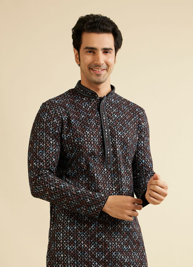 alt message - Manyavar Men Black & Brown Chikankari Grid Print Kurta Set image number 0