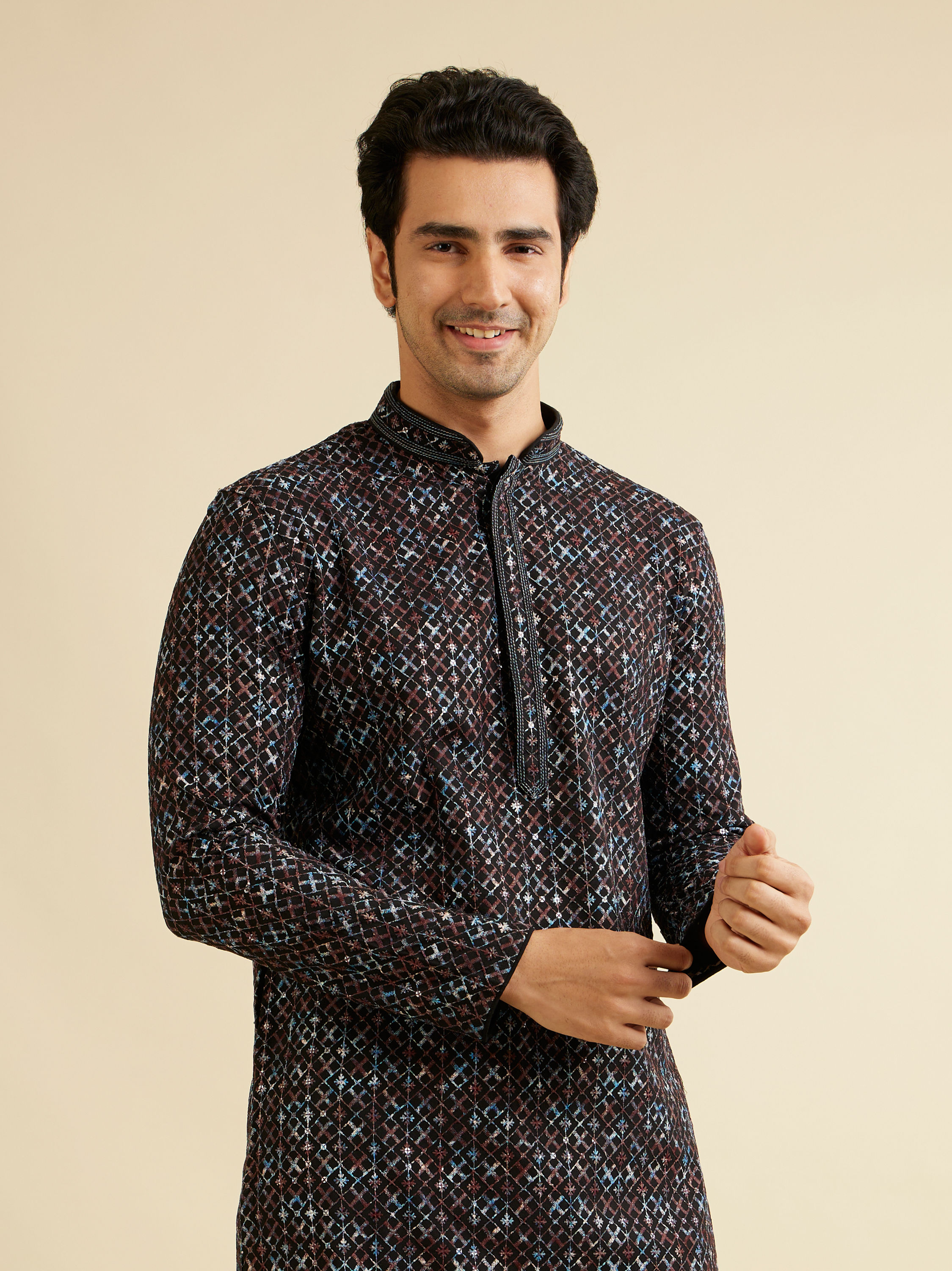 Manyavar Men Black & Brown Chikankari Grid Print Kurta Set