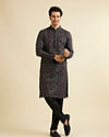 alt message - Manyavar Men Black & Brown Chikankari Grid Print Kurta Set image number 2