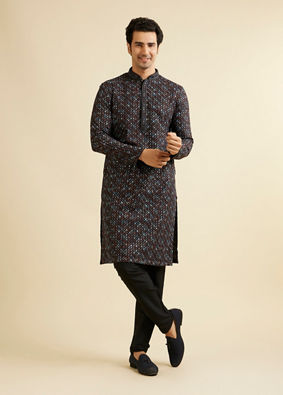 alt message - Manyavar Men Black & Brown Chikankari Grid Print Kurta Set image number 2