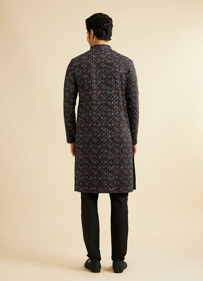 alt message - Manyavar Men Black & Brown Chikankari Grid Print Kurta Set image number 4