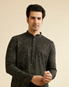 Manyavar Men Black & Dark Green Chikankari Grid Print Kurta Set