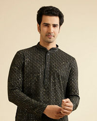 Manyavar Men Black & Dark Green Chikankari Grid Print Kurta Set