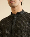 alt message - Manyavar Men Black & Dark Green Chikankari Grid Print Kurta Set image number 1