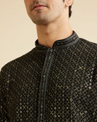 Manyavar Men Black & Dark Green Chikankari Grid Print Kurta Set